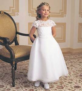 Satin cheap lace flower girl dresses. Floor length white or ivory dresses. Lace illusion top dress priced at $40.