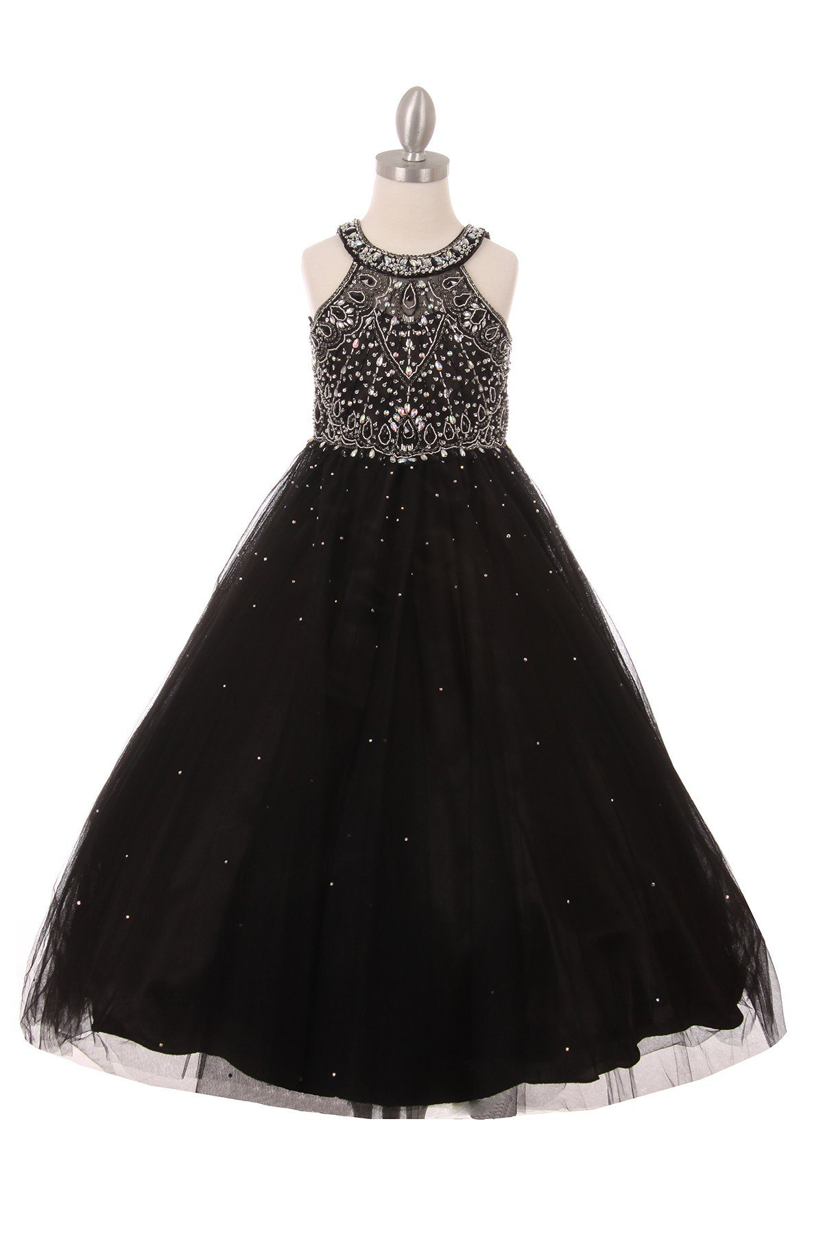 Girls black princess style long dress rhinestones pageant wedding party ball gown.