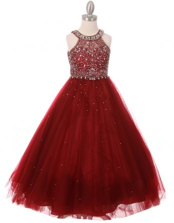 Girls burgundy Princess Style Long Dress Rhinestones Pageant Wedding Party Ball Gown