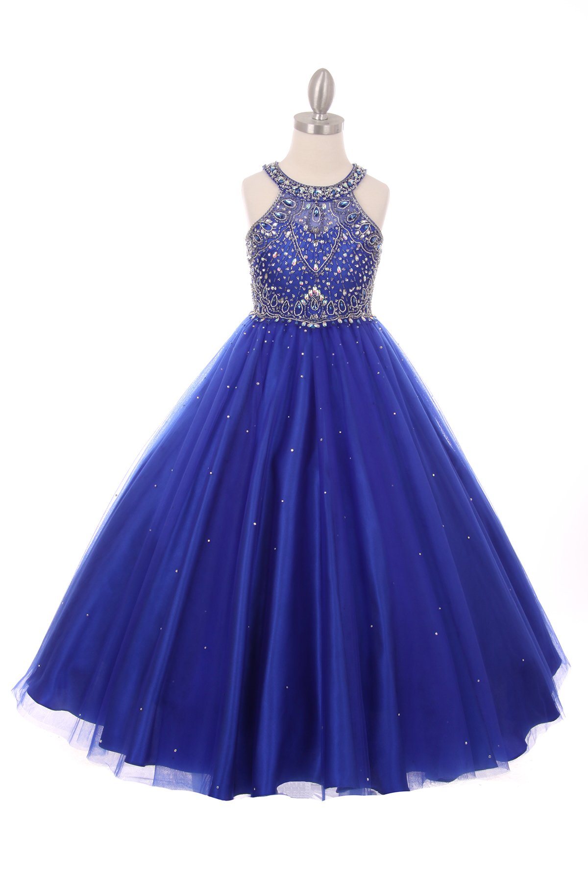 Girls royal blue princess style long dress rhinestones pageant wedding party ball gown. Halter neck rhinestone dress.