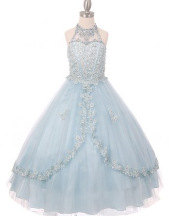Young girls long blue formal dress with a halter neck.