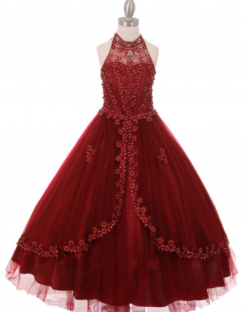 Young girls long burgundy formal dress with a halter neck.