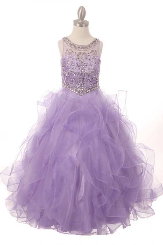 Girls pageant gown with beaded illusion neckline, open back with corset ties. Flowing tulle layered horsehair trimmed skirt.