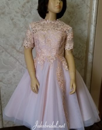 Pink lace tea-length flower girl dress with sheer lace 3/4 sleeves