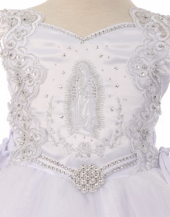 Baptism Dress with Virgin Mary embroidery design.  The gown has a rhinestone neck and waist with Virgin Mary embroidered on the blouse.  Lace cap sleeves. 