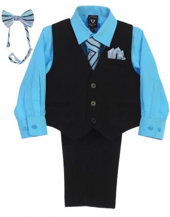 Boy 5-piece Set includes pinstriped pants, pinstriped vest, aqua dress shirt, and 2 ties.