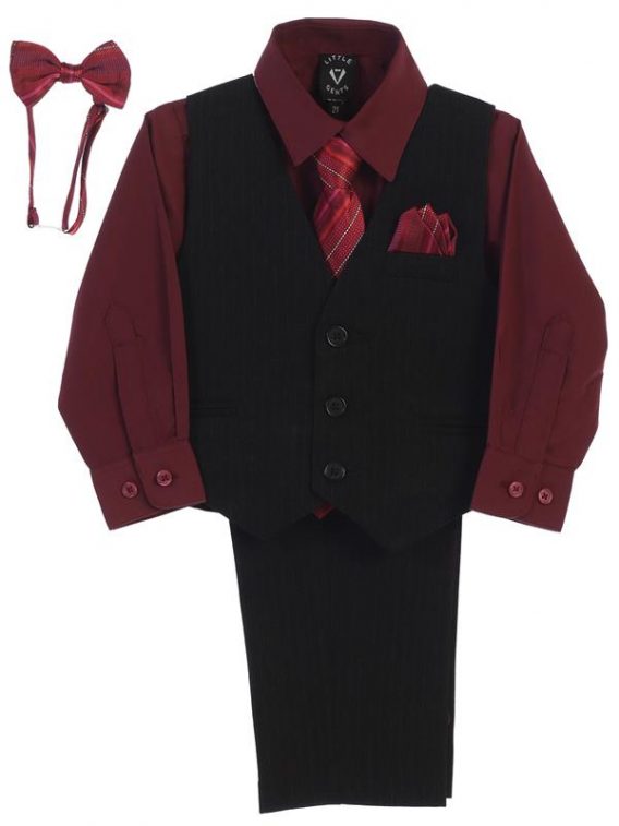 Boy 5-piece Set includes pinstriped pants, pinstriped vest, burgundy dress shirt, and 2 ties.