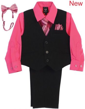 Boy 5-piece Set includes pinstriped pants, pinstriped vest, fuchsia dress shirt, and 2 ties.