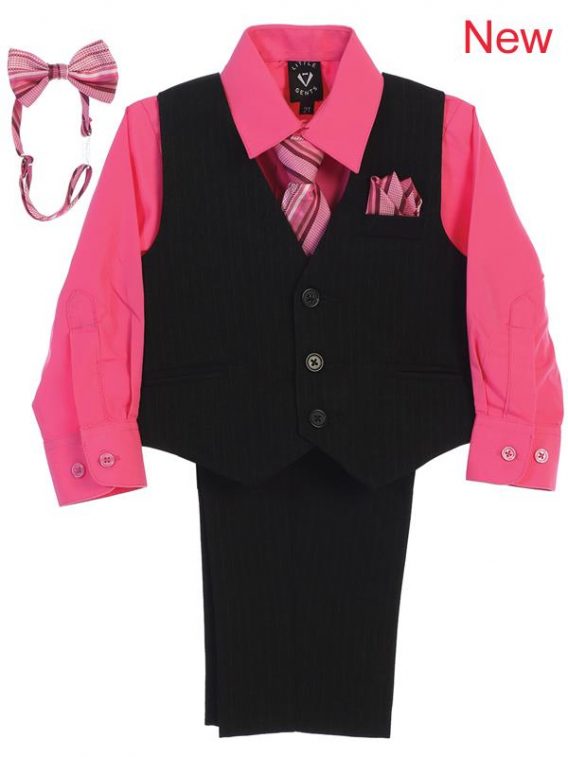 Boy 5-piece Set includes pinstriped pants, pinstriped vest, fuchsia dress shirt, and 2 ties.