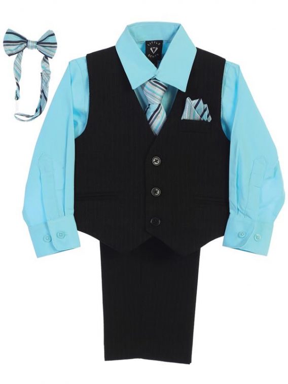 Boy 5-piece Set includes pinstriped pants, pinstriped vest, Hawaiian-blue dress shirt, and 2 ties.