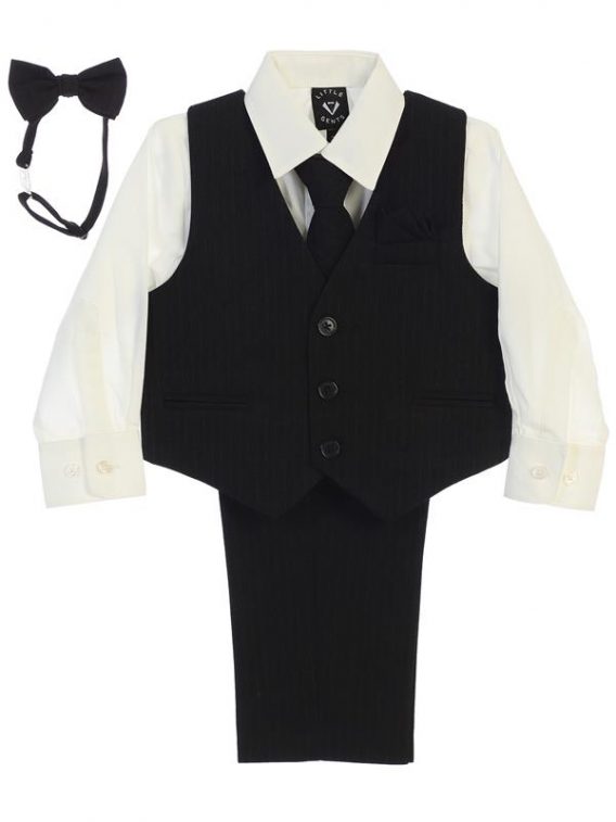 Boy 5-piece Set includes pinstriped pants, pinstriped vest, ivory dress shirt, and 2 ties.