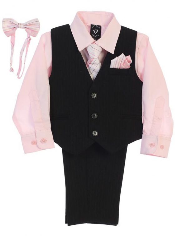 Boy 5-piece Set includes pinstriped pants, pinstriped vest, pink dress shirt, and 2 ties.