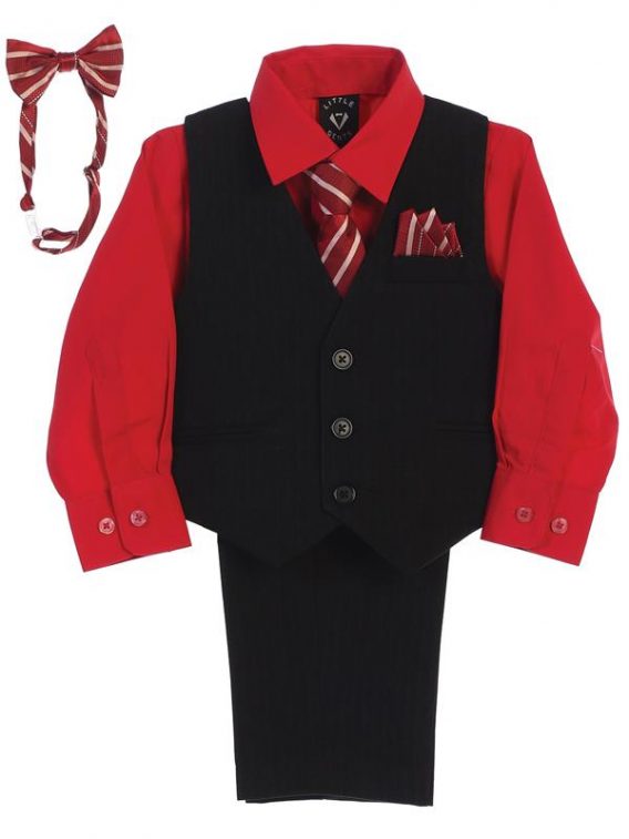 Boy 5-piece Set includes pinstriped pants, pinstriped vest, red dress shirt, and 2 ties.