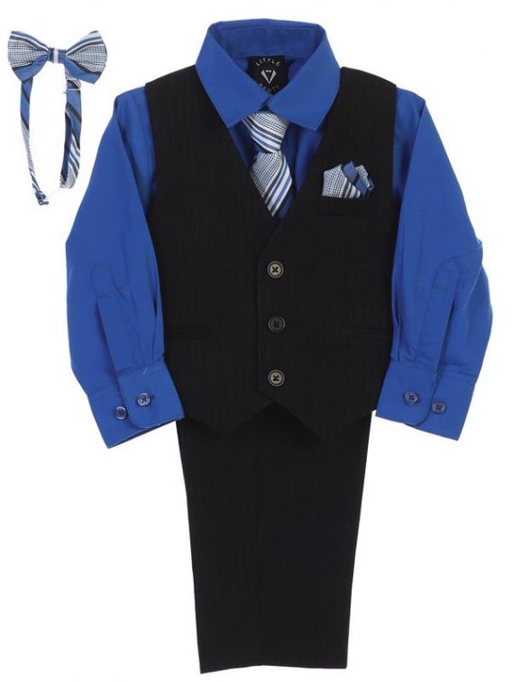 Boy 5-piece Set includes pinstriped pants, pinstriped vest, royal blue dress shirt, and 2 ties.