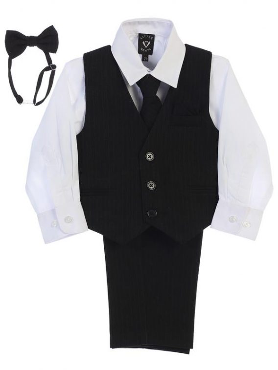 Boy 5-piece Set includes pinstriped pants, pinstriped vest, white dress shirt, and 2 ties.