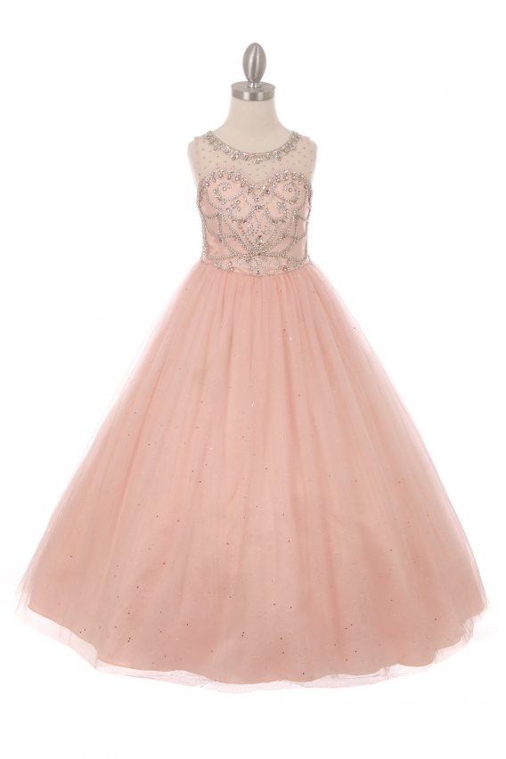 Girls blush pageant dresses with beaded sweetheart bodice, illusion neckline, and long glitter tulle skirt.