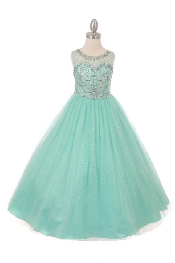 Girls mint pageant dresses with beaded sweetheart bodice, illusion neckline, and long glitter tulle skirt.