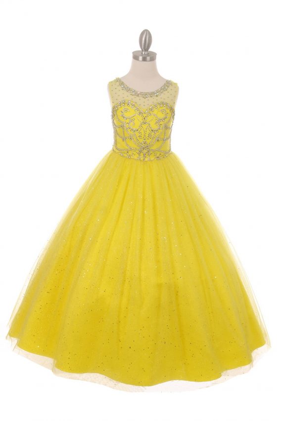 Girls yellow pageant dresses with beaded sweetheart bodice, illusion neckline, and long glitter tulle skirt.