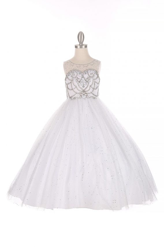 Girls white pageant dresses with beaded sweetheart bodice, illusion neckline, and long glitter tulle skirt.
