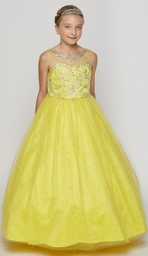 Girls yellow pageant dresses with beaded sweetheart bodice, illusion neckline, and long glitter tulle skirt.
