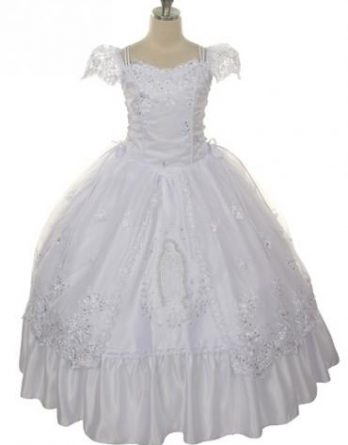 First Communion dress with rhinestones decorated Virgin Mary embroidery on the skirt. Girls size 7-24.
