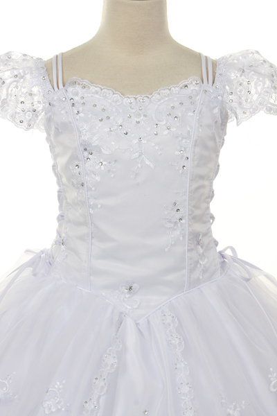 First Communion dress with rhinestones decorated Virgin Mary embroidery on the skirt. Girls size 7-24.