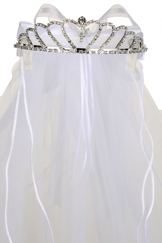 This rhinestone heart tiara is accented with a cross, and double layer veil. Perfect for flower girls or Communion.