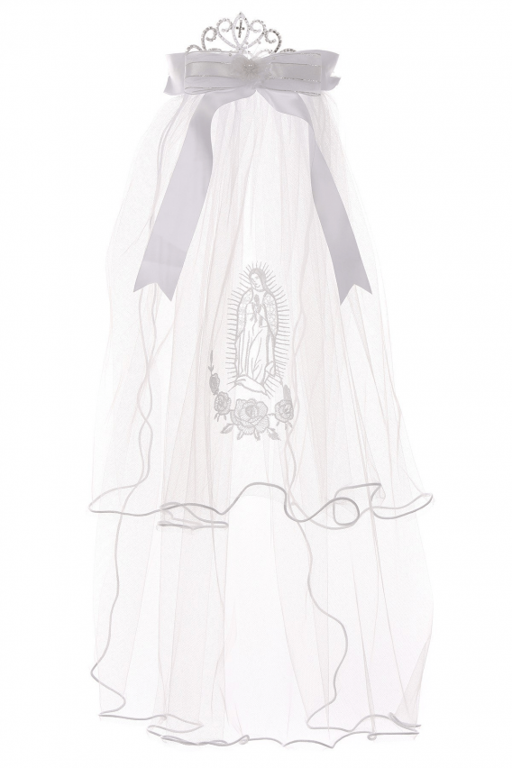 Virgin Mary Embroidered First Communion Veil Flower Girl. Dangling Cross crown attached to Virgin Mary Embroidered Veil.