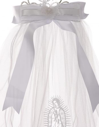 First communion virgin mary embroidered tiara veil with bow. Virgin mary communion veil for girls first communion.