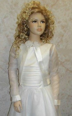 Long sleeve organza sheer jacket with satin edging and double rose trim. Boleros for Girls & Womens special events.