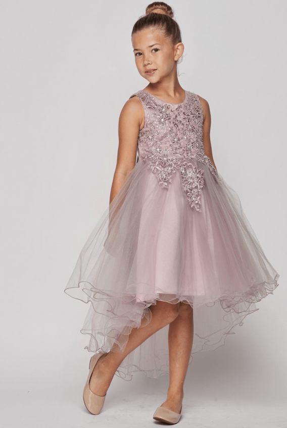 Girls high low dress with wire hem train. Sleeveless tulle dress, with lace, pearls and sparkling rhinestone bodice.