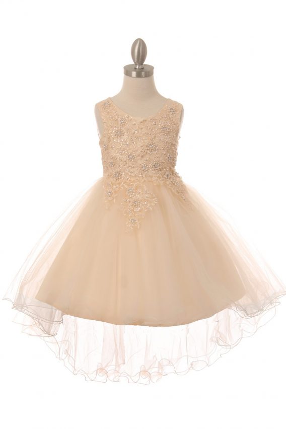 Sleeveless tulle & lace dress, with pearls and sparkling rhinestones. Girls champagne high low dress with wire hem train.