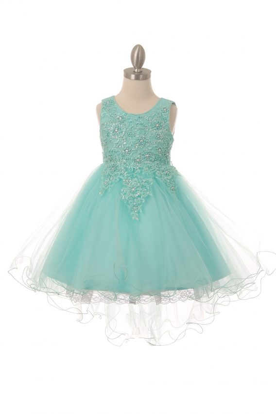 Sleeveless tulle & lace dress, with pearls and sparkling rhinestones. Girls aqua high low dress with wire hem train.