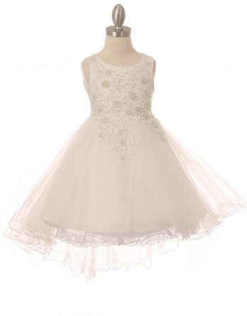 Sleeveless tulle & lace dress, with pearls and sparkling rhinestones. Girls white high low dress with wire hem train.