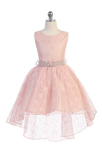 Hi-low allover lace dress in blush