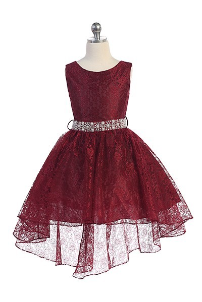 Hi-low allover lace dress in burgundy