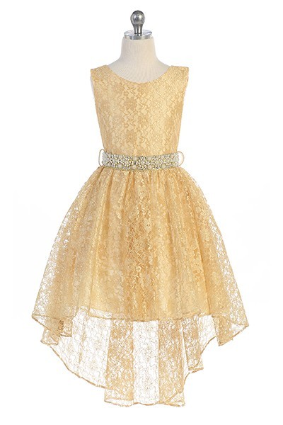 Hi-low allover lace dress with a voluminous skirt and detachable rhinestone belt. Gold flower Girl dresses with tie back.