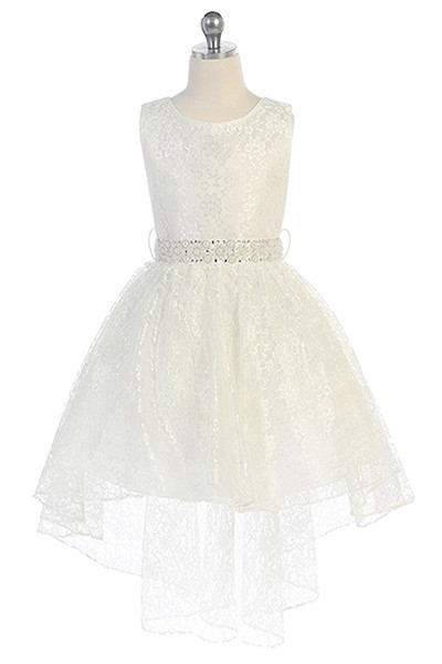 Hi-low allover lace dress with a voluminous skirt and detachable rhinestone belt. Ivory flower Girl dresses with tie back.