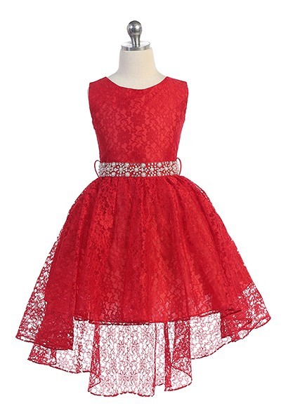 Hi-low allover lace dress with a voluminous skirt and detachable rhinestone belt. Red flower Girl dresses with tie back.