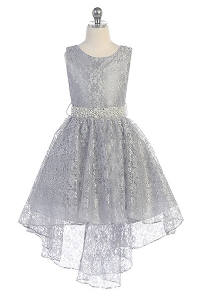 Hi-low allover lace dress in silver
