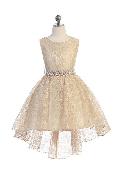 Hi-low allover lace dress in taupe