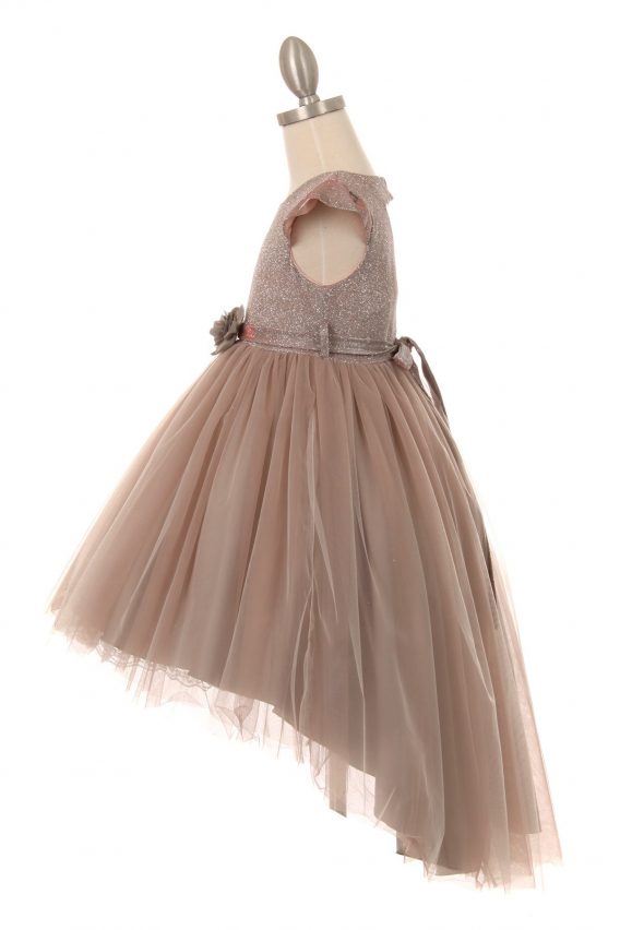 Girls champagne cap sleeve glitter top dress with high low tulle skirt. Matching 3D flower sash belt. Size 2-12.