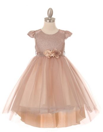 Girls blush cap sleeve glitter top dress with high low tulle skirt. Matching 3D flower sash belt. Size 2-12.