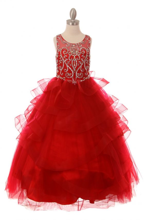 scarlet red formal pageant dresses for girls and juniors.