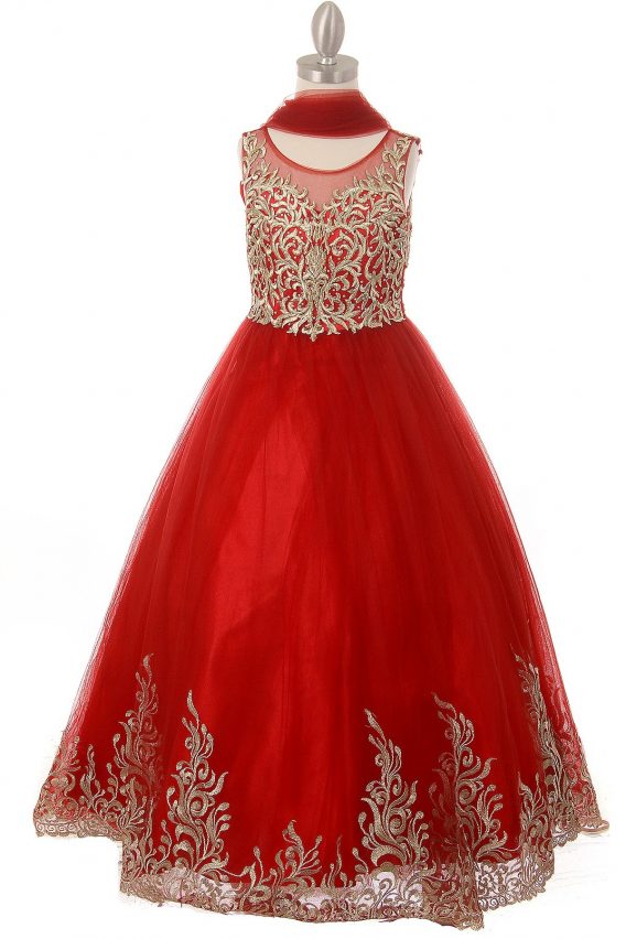 Little Girls red elegant satin glittered tulle formal dress with embroidered pearls, white sequins, and clear beads, along with the 3D patch lace wired skirt.