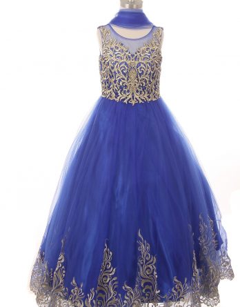 Little Girls royal blue elegant satin glittered tulle formal dress with embroidered pearls, white sequins, and clear beads, along with the 3D patch lace wired skirt.