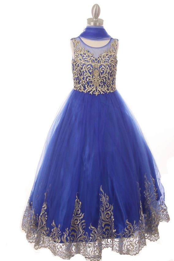 Little Girls royal blue elegant satin glittered tulle formal dress with embroidered pearls, white sequins, and clear beads, along with the 3D patch lace wired skirt.