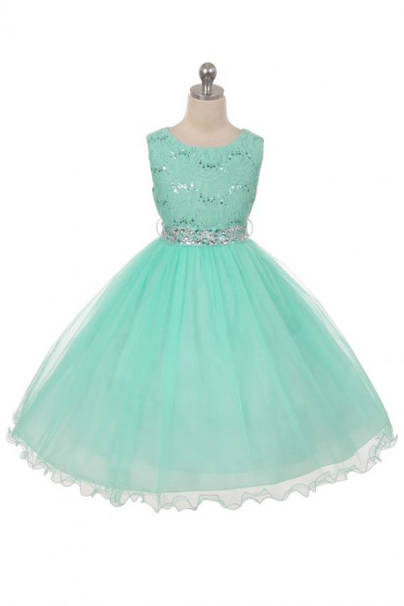 Mint sleeveless lace top sequin dress. Size 2-20. Girls tea length skirt has two layers of tulle, rhinestone belt.