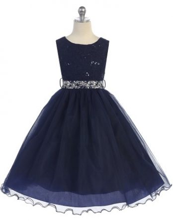 Navy sleeveless lace top sequin dress. Size 2-20. Girls tea length skirt has two layers of tulle, rhinestone belt.