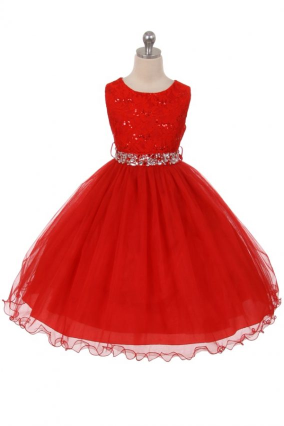 Red sequin dress. Size 2-20. Girls tea length skirt has two layers of tulle, rhinestone belt.